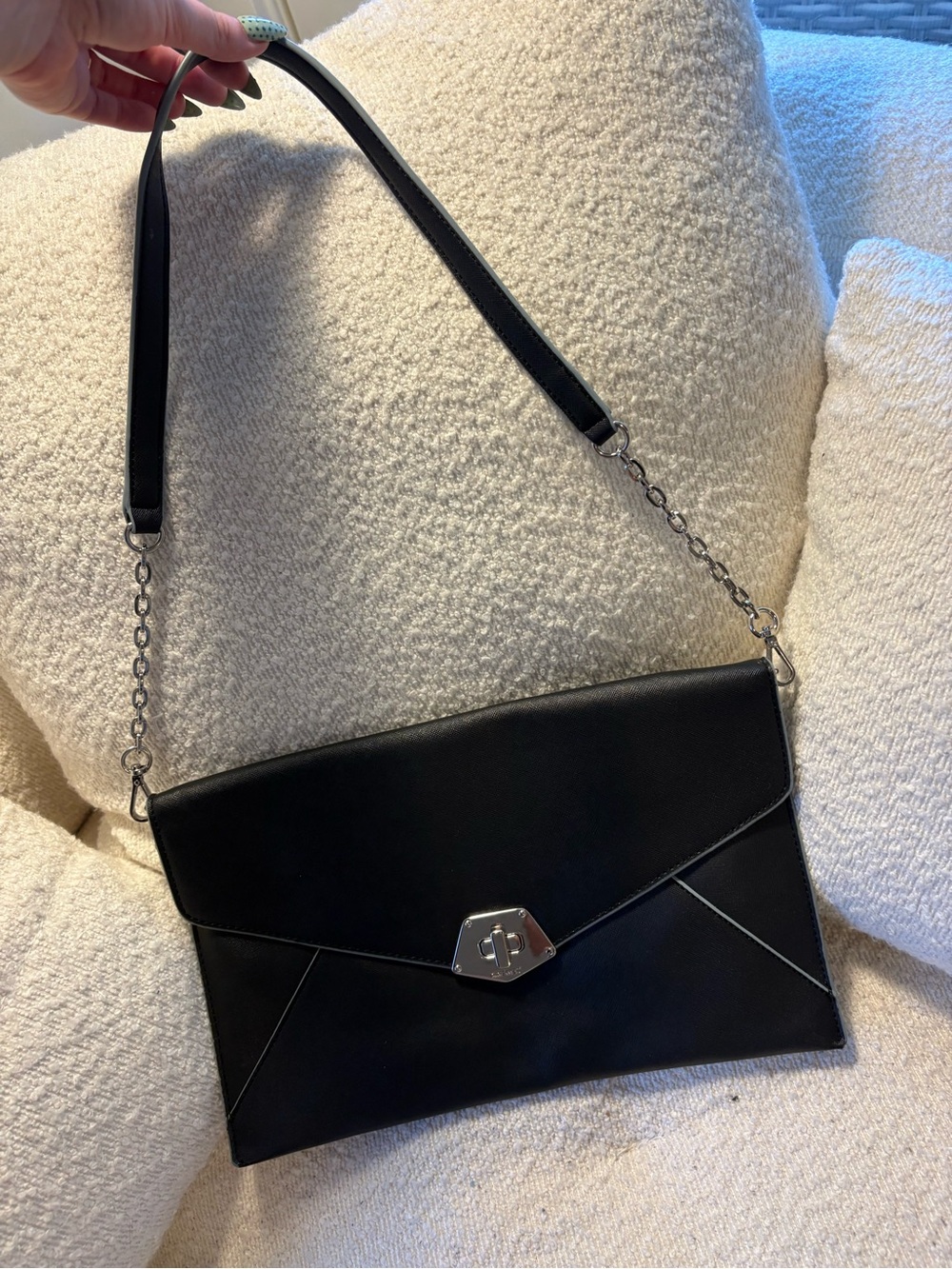 Nine West NWOT Black Envelope Shoulder Bag Silver Detail Purse Handbag Essential